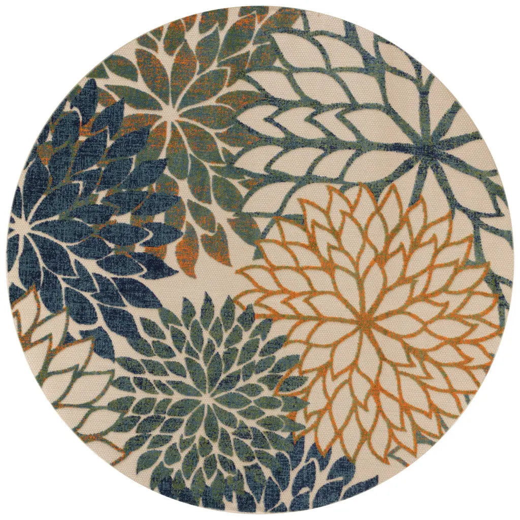 8' Blue Green And Orange Round Floral Indoor Outdoor Area Rug Homeroots Outdoor