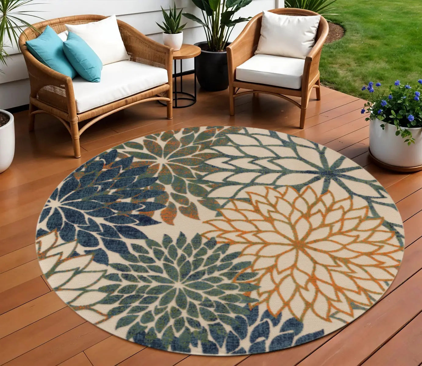 8' Blue Green And Orange Round Floral Indoor Outdoor Area Rug Homeroots Outdoor