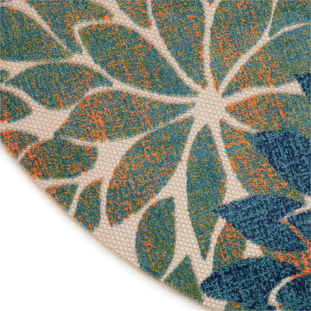 8' Blue Green And Orange Round Floral Indoor Outdoor Area Rug Homeroots Outdoor