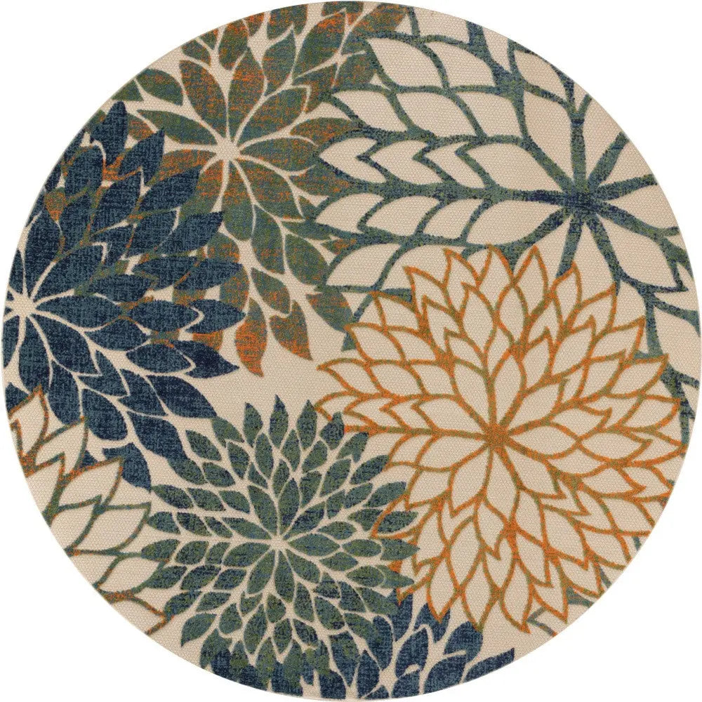 8' Blue Green And Orange Round Floral Indoor Outdoor Area Rug Homeroots Outdoor