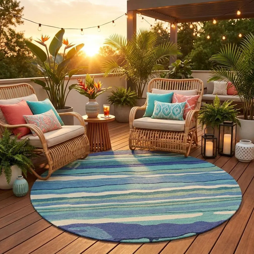 8' Blue Round Abstract Indoor Outdoor Area Rug Homeroots Outdoor
