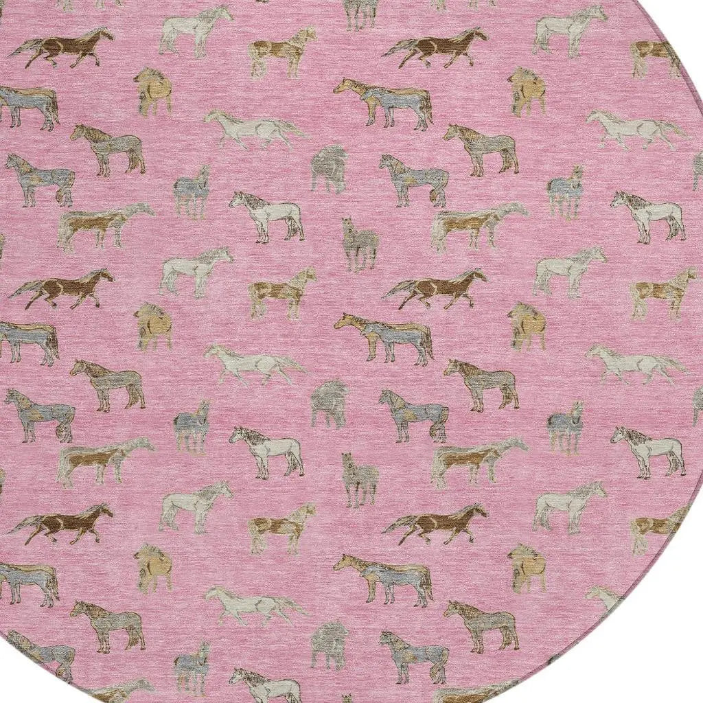 8' Blush And Beige Round Horse Washable Indoor Outdoor Area Rug Homeroots Outdoor
