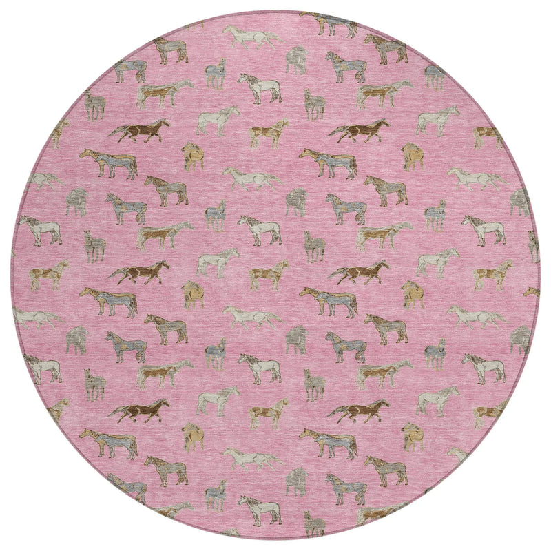 8' Blush And Beige Round Horse Washable Indoor Outdoor Area Rug Homeroots Outdoor