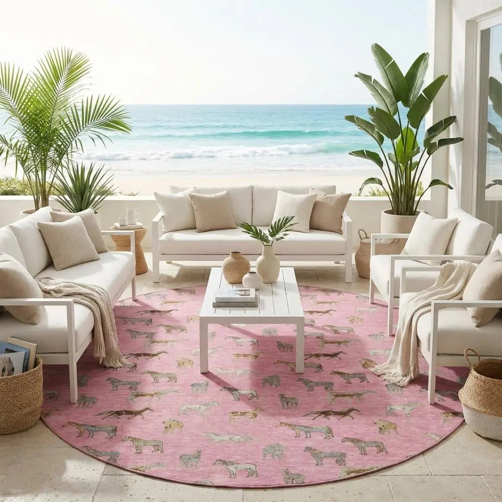 8' Blush And Beige Round Horse Washable Indoor Outdoor Area Rug Homeroots Outdoor