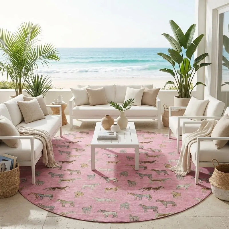 8' Blush And Beige Round Horse Washable Indoor Outdoor Area Rug Homeroots Outdoor