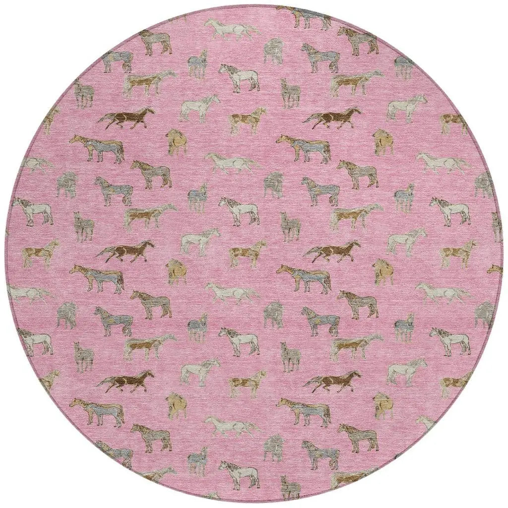 8' Blush And Beige Round Horse Washable Indoor Outdoor Area Rug Homeroots Outdoor