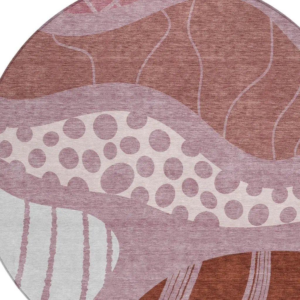 8' Blush And Brown Round Abstract Washable Indoor Outdoor Area Rug Homeroots Outdoor