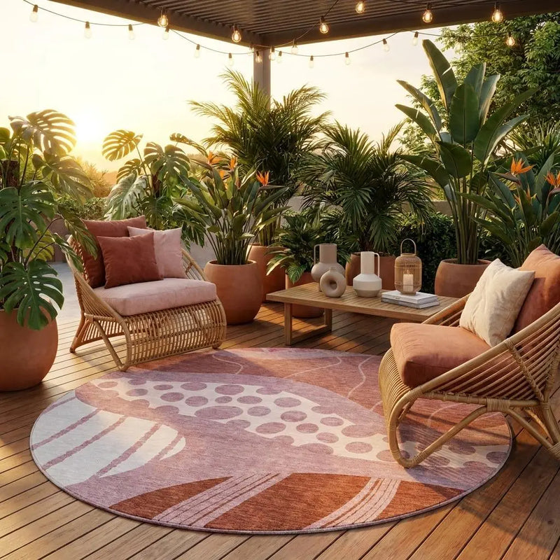 8' Blush And Brown Round Abstract Washable Indoor Outdoor Area Rug Homeroots Outdoor