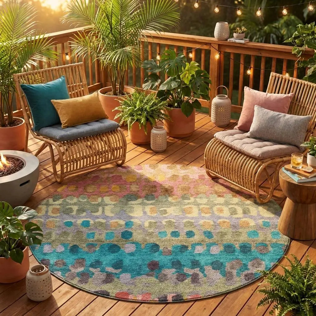8' Blush And Copper Round Geometric Washable Indoor Outdoor Area Rug Homeroots Outdoor