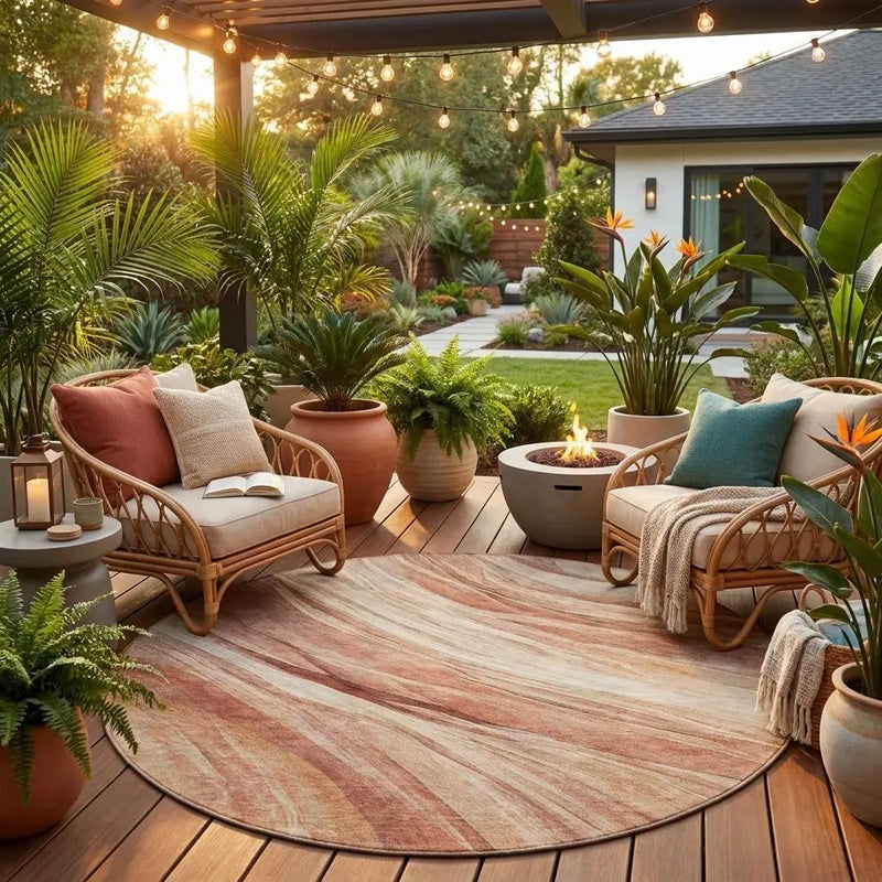 8' Blush And Pink Round Abstract Washable Indoor Outdoor Area Rug Homeroots Outdoor
