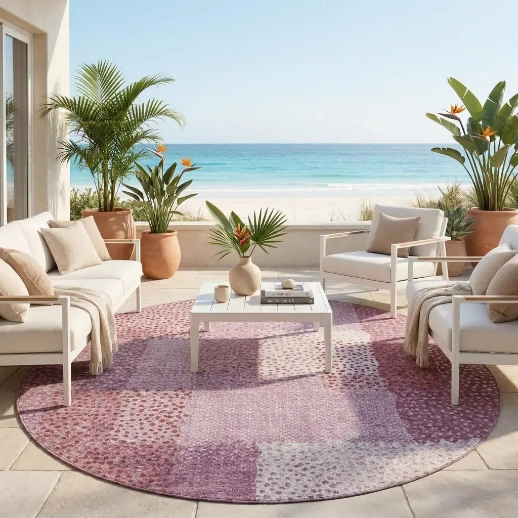 8' Blush And Pink Round Abstract Washable Indoor Outdoor Area Rug Homeroots Outdoor