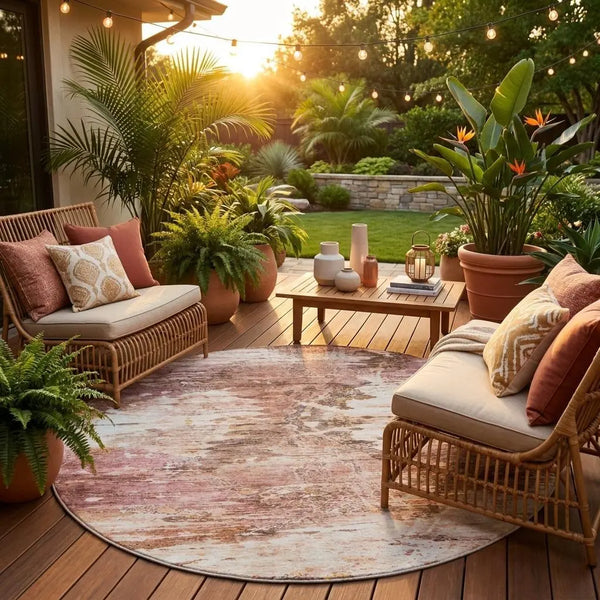 8' Blush And Pink Round Abstract Washable Indoor Outdoor Area Rug Homeroots Outdoor