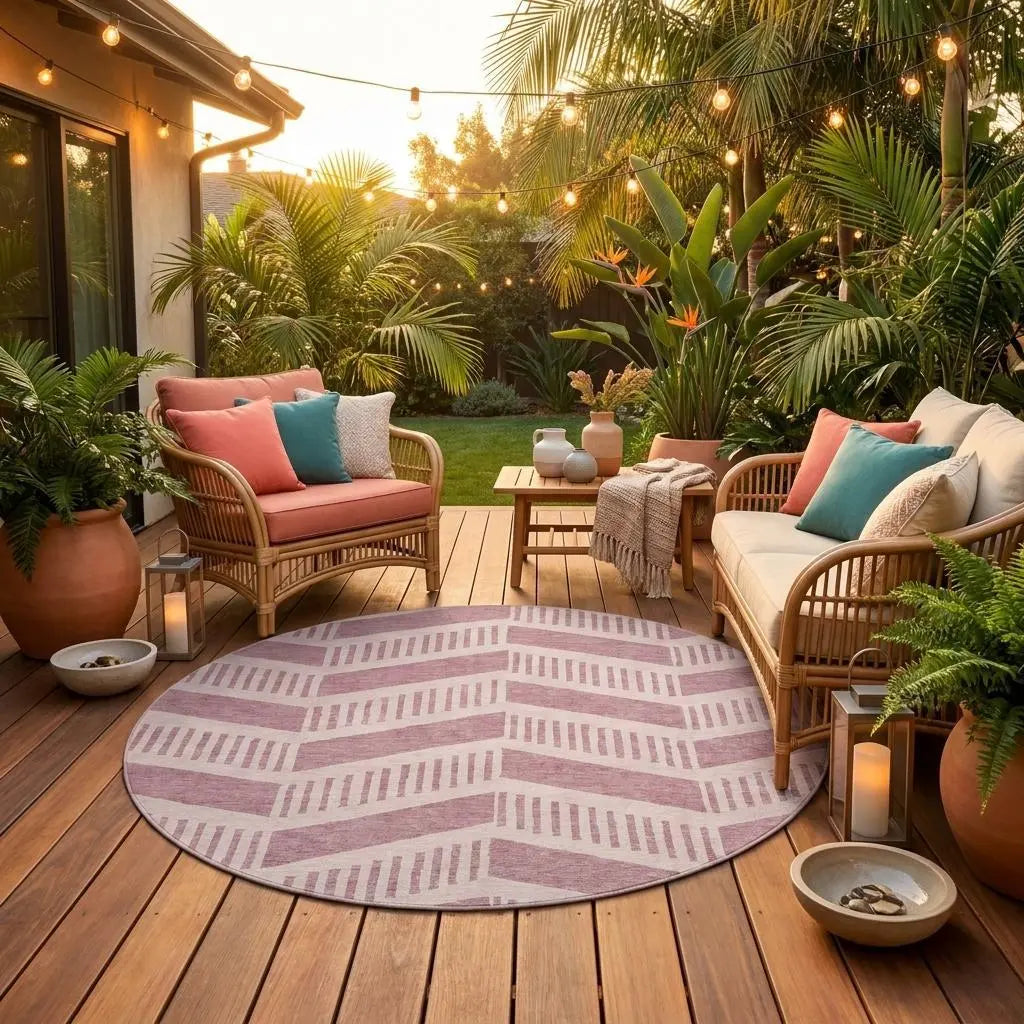 8' Blush And Pink Round Geometric Washable Indoor Outdoor Area Rug Homeroots Outdoor