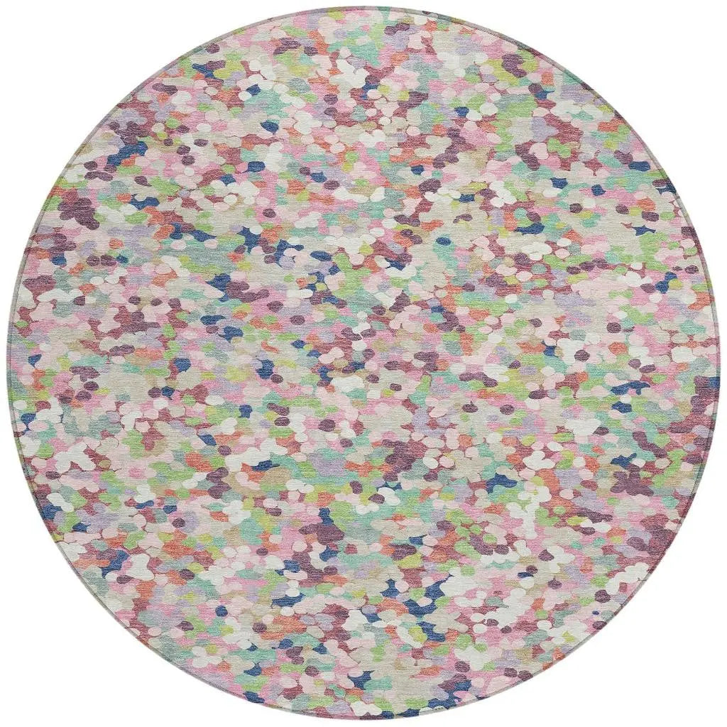 8' Blush And Pink Round Geometric Washable Indoor Outdoor Area Rug Homeroots Outdoor