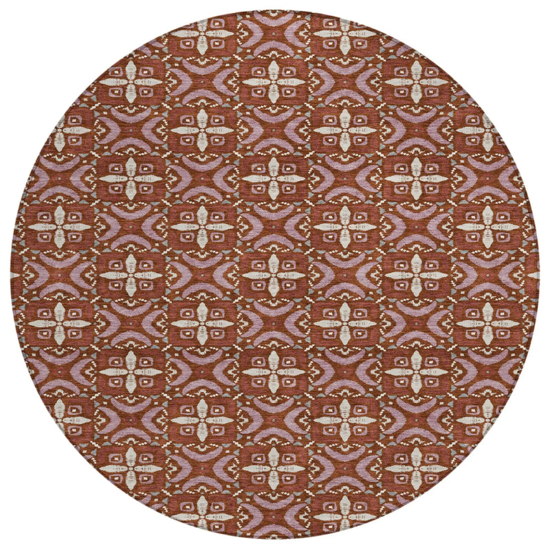 8' Brick Red And Red Round Geometric Washable Indoor Outdoor Area Rug Homeroots Outdoor