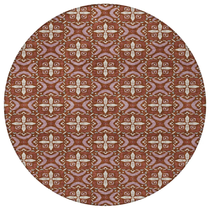 8' Brick Red And Red Round Geometric Washable Indoor Outdoor Area Rug Homeroots Outdoor