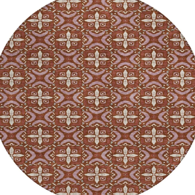 8' Brick Red And Red Round Geometric Washable Indoor Outdoor Area Rug Homeroots Outdoor