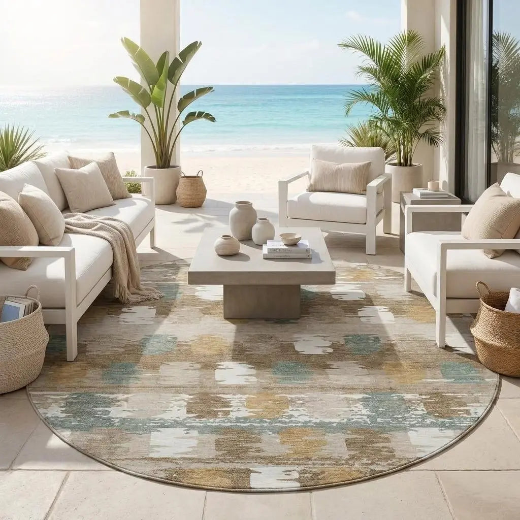 8' Brown And Aqua Round Abstract Washable Indoor Outdoor Area Rug Homeroots Outdoor