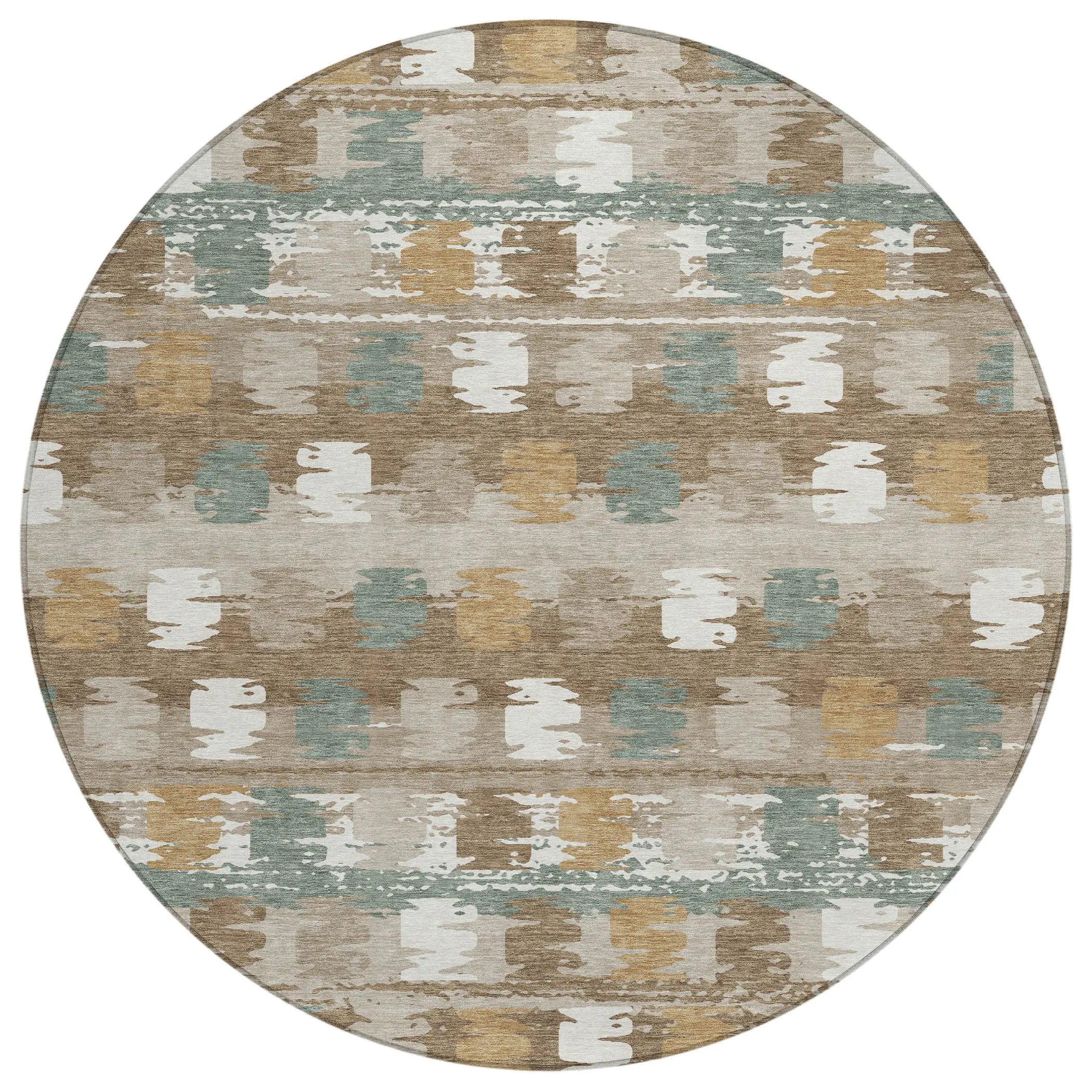 8' Brown And Aqua Round Abstract Washable Indoor Outdoor Area Rug Homeroots Outdoor