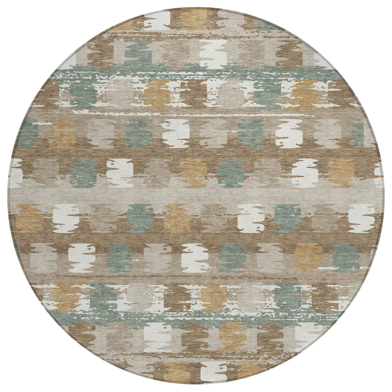 8' Brown And Aqua Round Abstract Washable Indoor Outdoor Area Rug Homeroots Outdoor