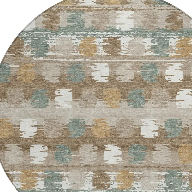 8' Brown And Aqua Round Abstract Washable Indoor Outdoor Area Rug Homeroots Outdoor