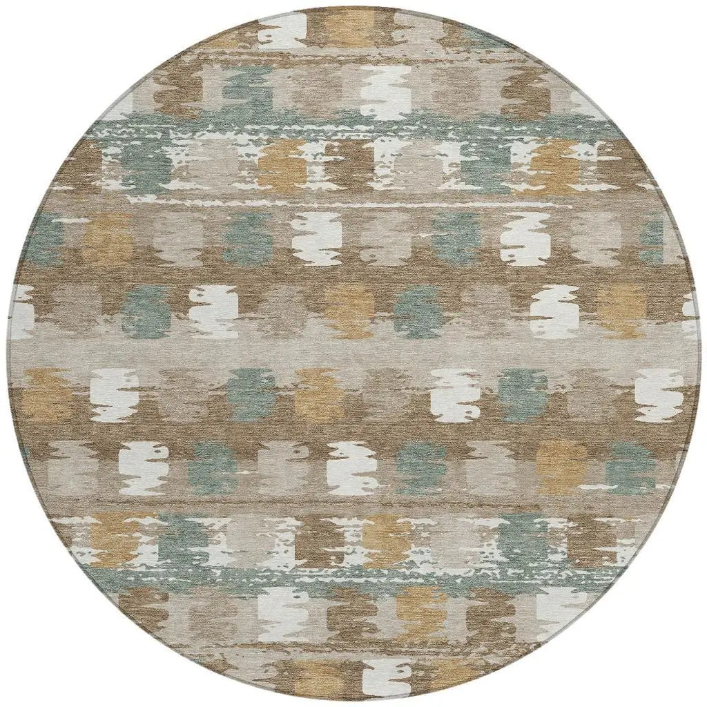 8' Brown And Aqua Round Abstract Washable Indoor Outdoor Area Rug Homeroots Outdoor