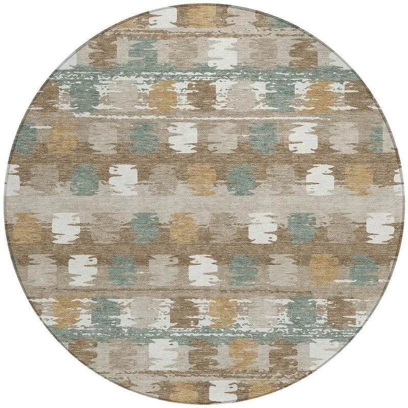 8' Brown And Aqua Round Abstract Washable Indoor Outdoor Area Rug Homeroots Outdoor