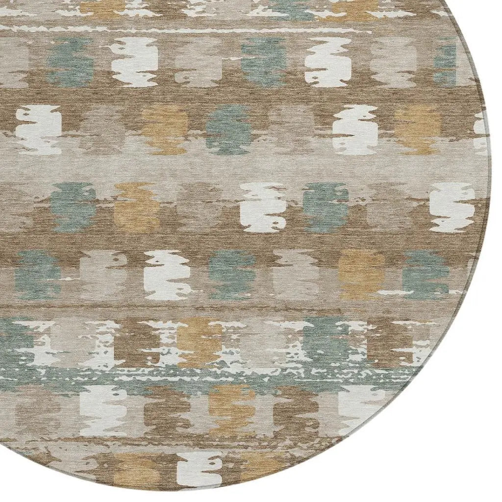 8' Brown And Aqua Round Abstract Washable Indoor Outdoor Area Rug Homeroots Outdoor