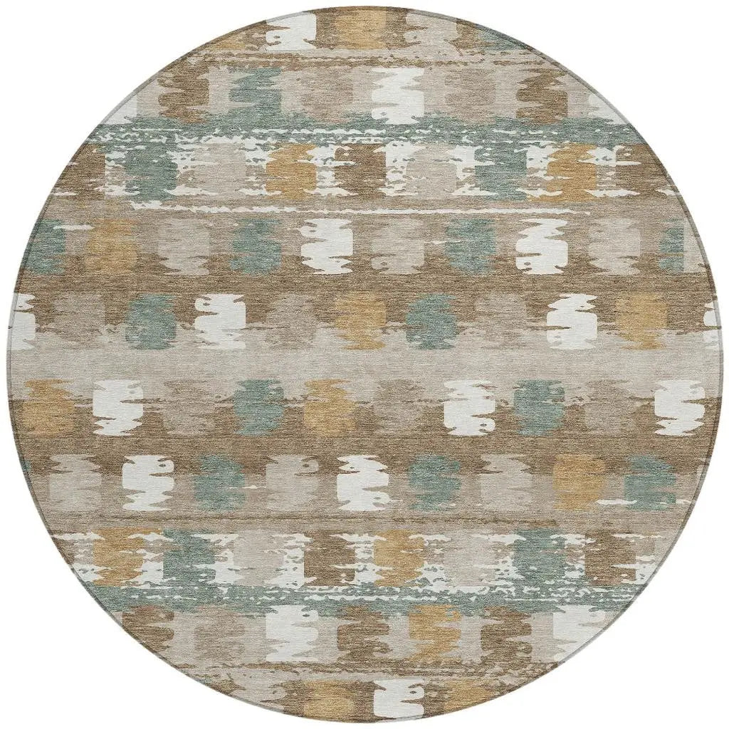 8' Brown And Aqua Round Abstract Washable Indoor Outdoor Area Rug Homeroots Outdoor