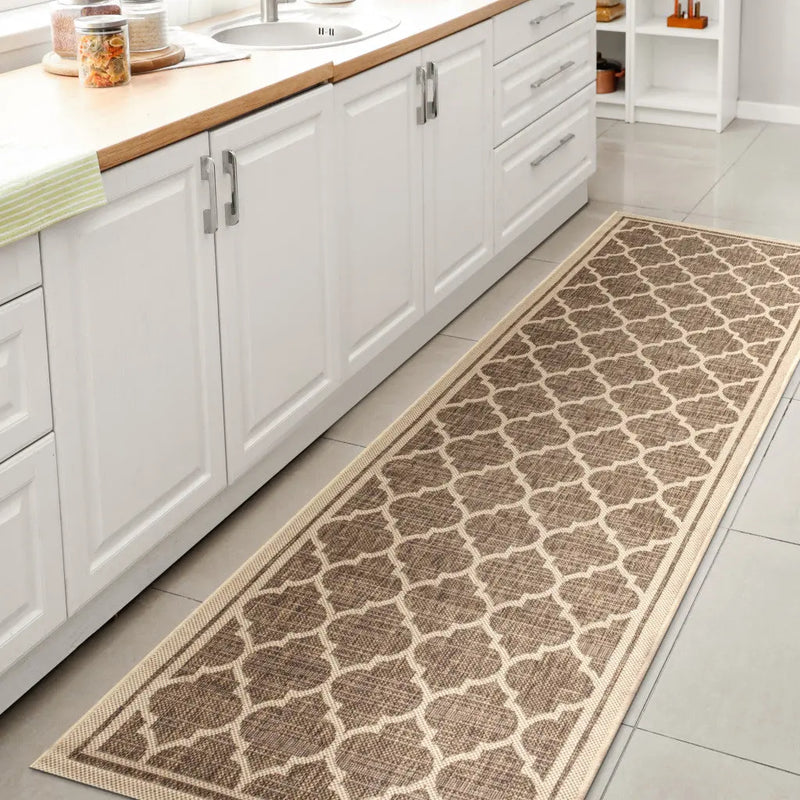 8' Brown And Beige Geometric Indoor Outdoor Runner Rug Homeroots Outdoor