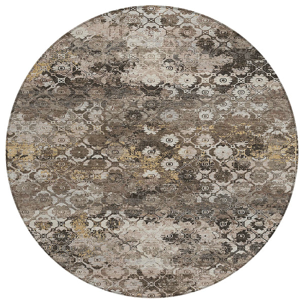 8' Brown And Beige Round Abstract Washable Indoor Outdoor Area Rug Homeroots Outdoor