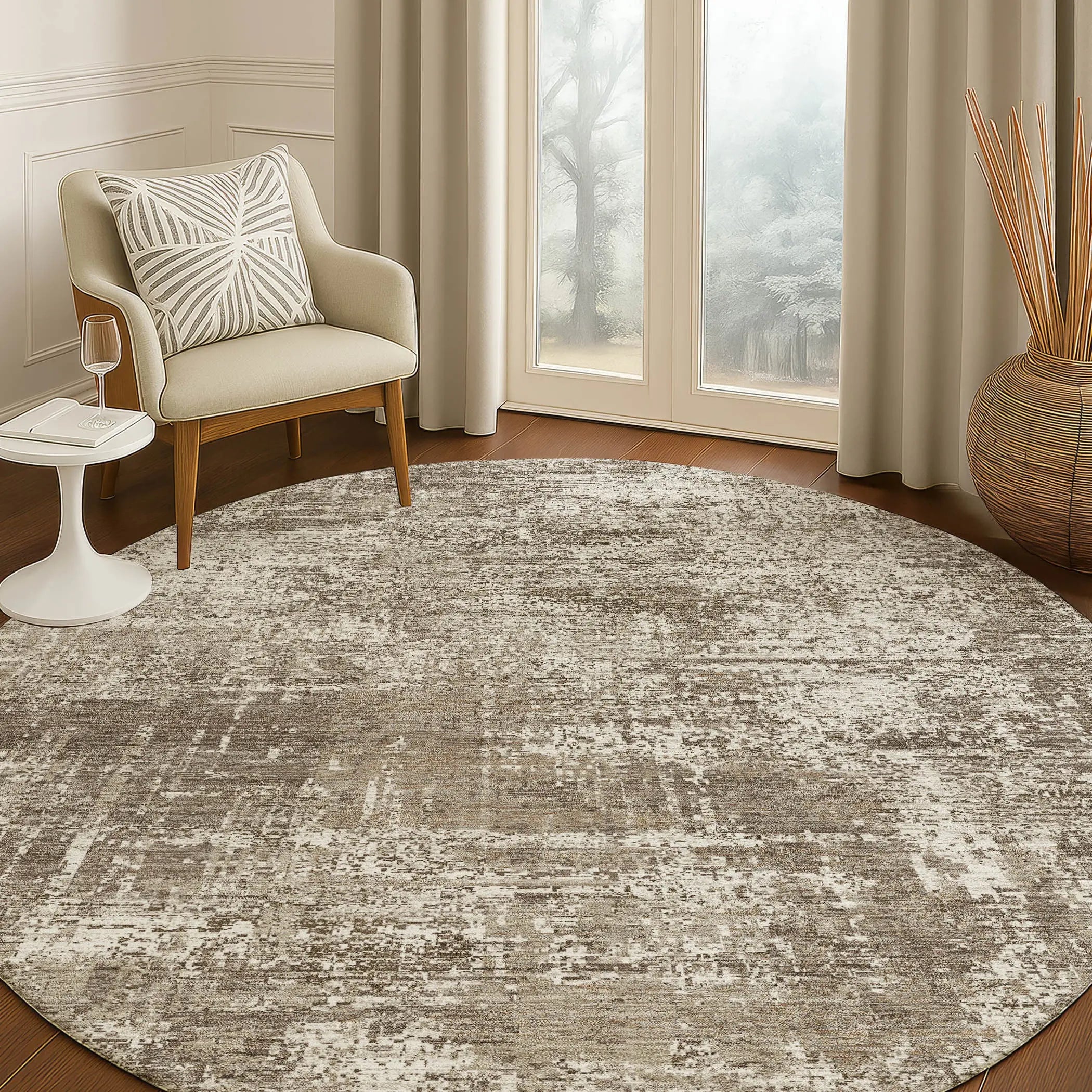 8' Brown And Beige Round Abstract Washable Indoor Outdoor Area Rug Homeroots Outdoor