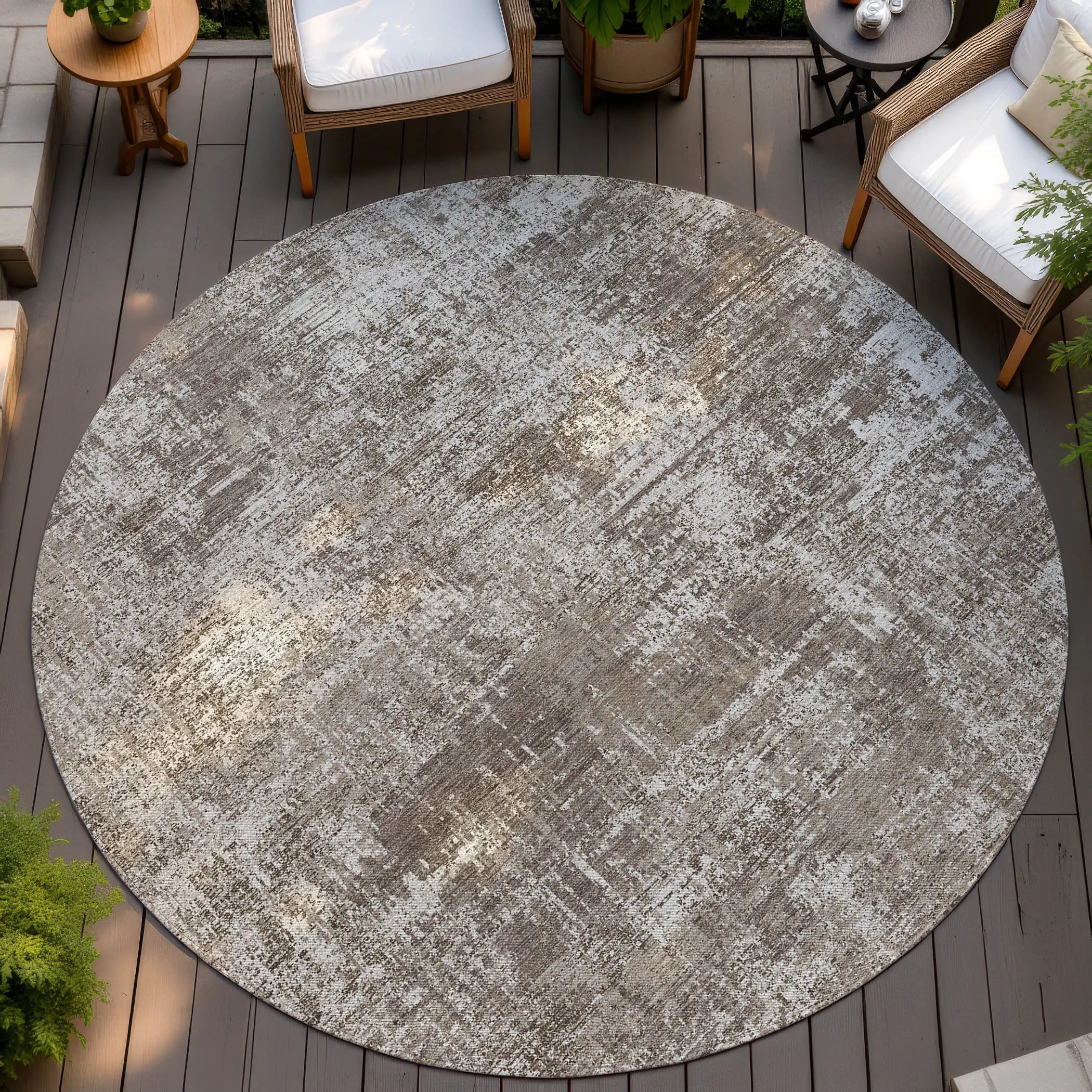8' Brown And Beige Round Abstract Washable Indoor Outdoor Area Rug Homeroots Outdoor