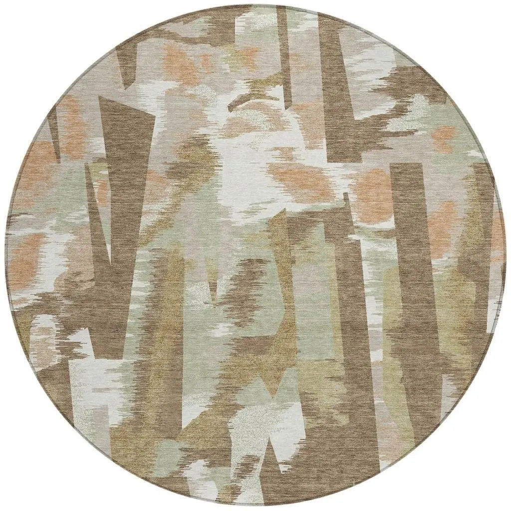8' Brown And Beige Round Abstract Washable Indoor Outdoor Area Rug Homeroots Outdoor