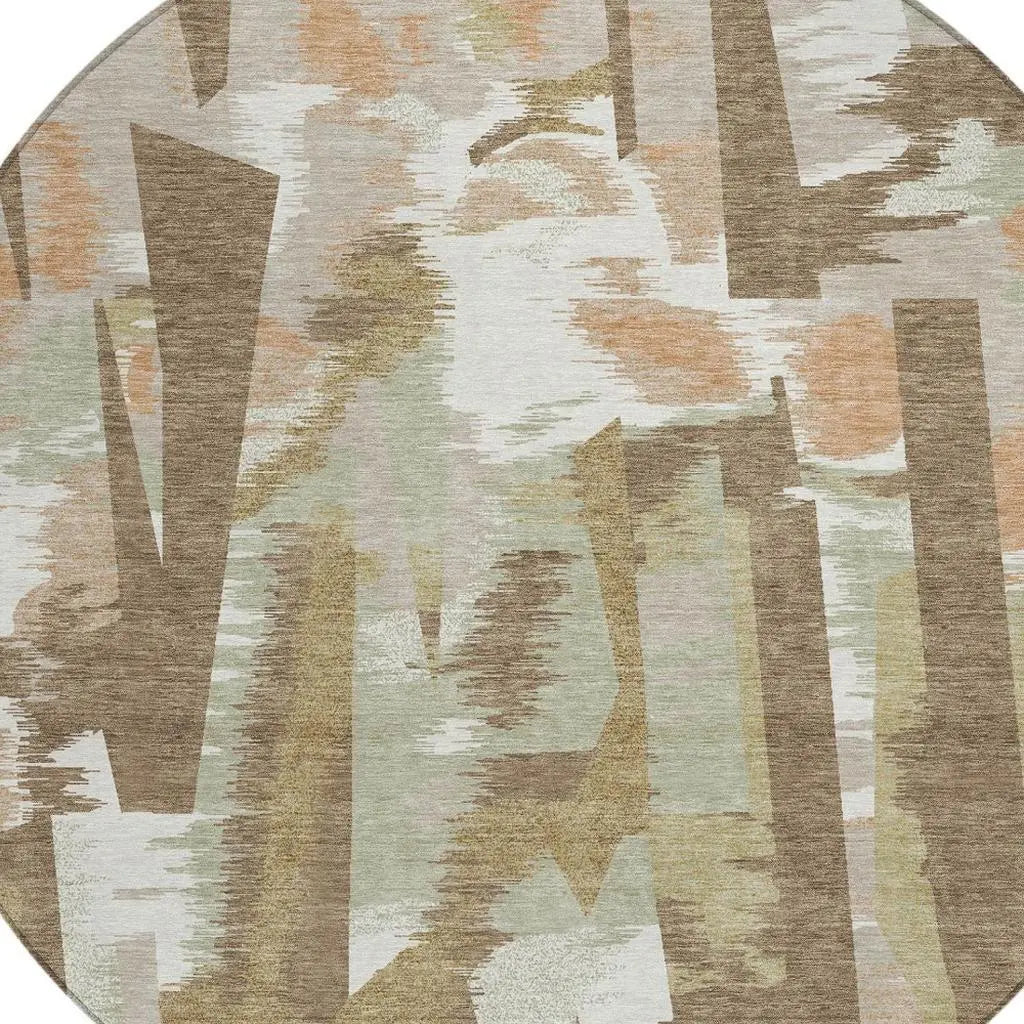 8' Brown And Beige Round Abstract Washable Indoor Outdoor Area Rug Homeroots Outdoor