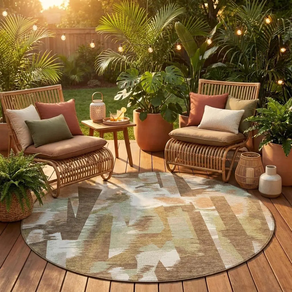8' Brown And Beige Round Abstract Washable Indoor Outdoor Area Rug Homeroots Outdoor