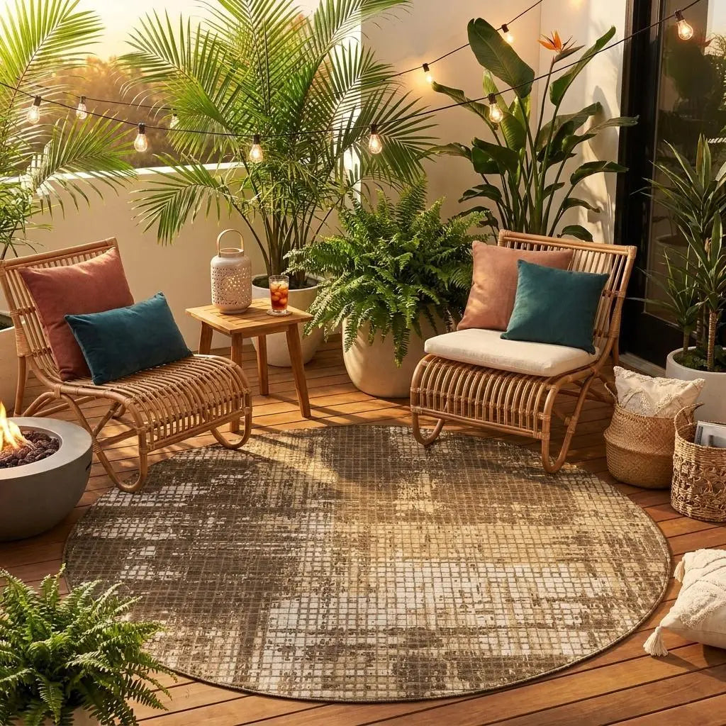 8' Brown And Beige Round Abstract Washable Indoor Outdoor Area Rug Homeroots Outdoor