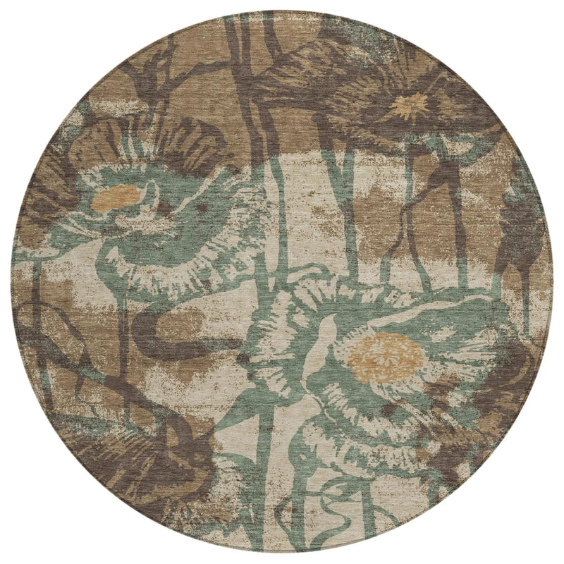 8' Brown And Beige Round Floral Washable Indoor Outdoor Area Rug Homeroots Outdoor