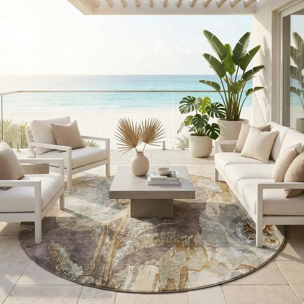 8' Brown And Beige Round Floral Washable Indoor Outdoor Area Rug Homeroots Outdoor