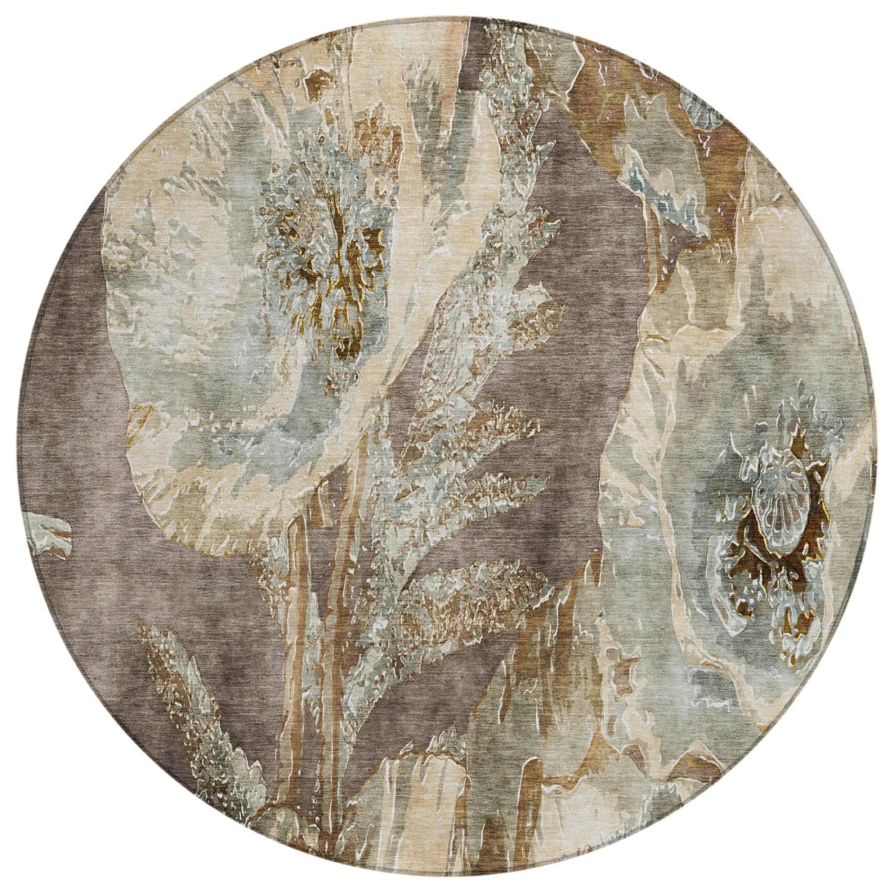 8' Brown And Beige Round Floral Washable Indoor Outdoor Area Rug Homeroots Outdoor