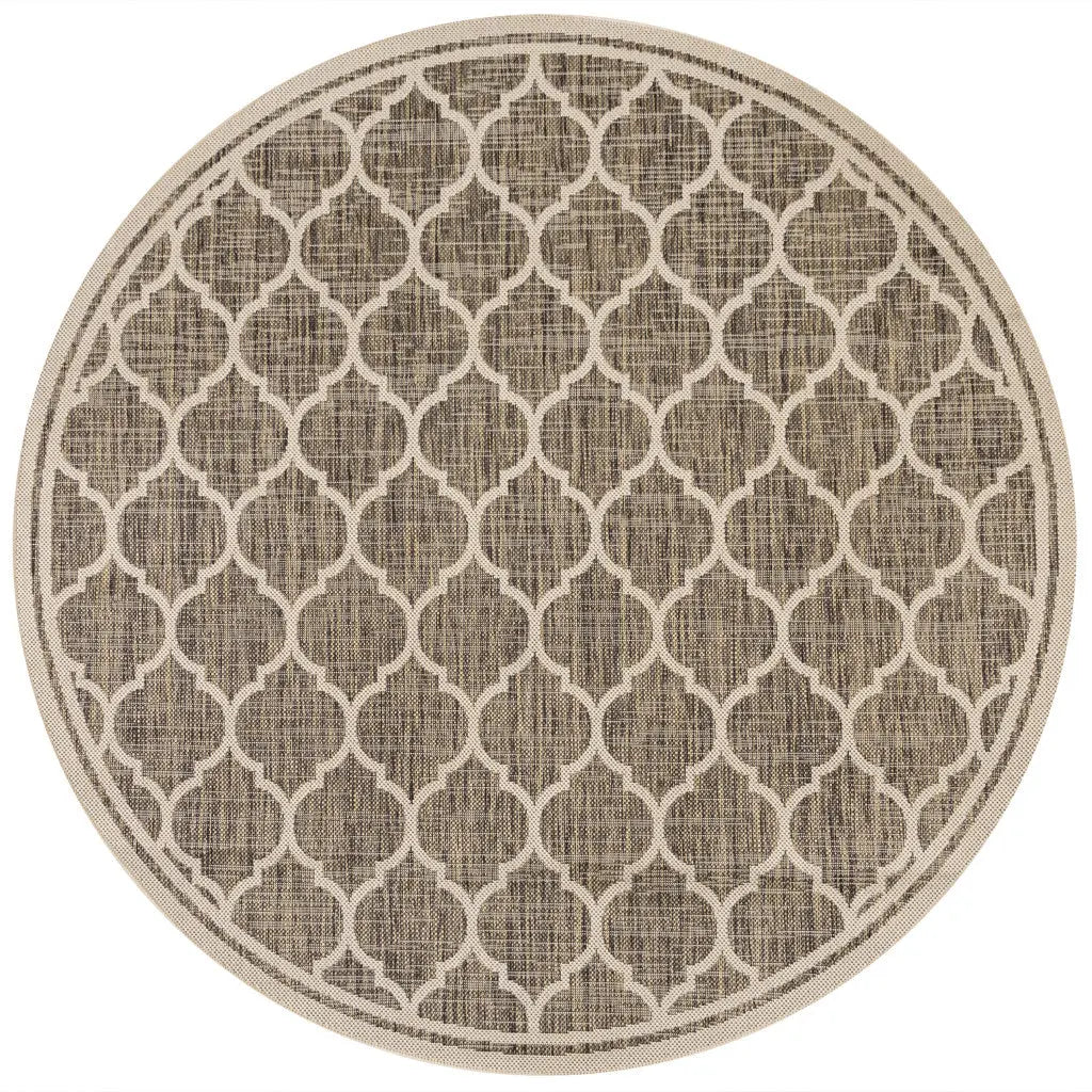 8' Brown And Beige Round Geometric Indoor Outdoor Area Rug - GreatEagleInc