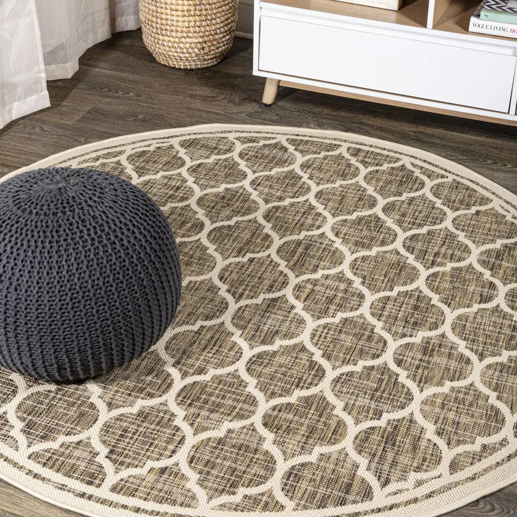 8' Brown And Beige Round Geometric Indoor Outdoor Area Rug - GreatEagleInc