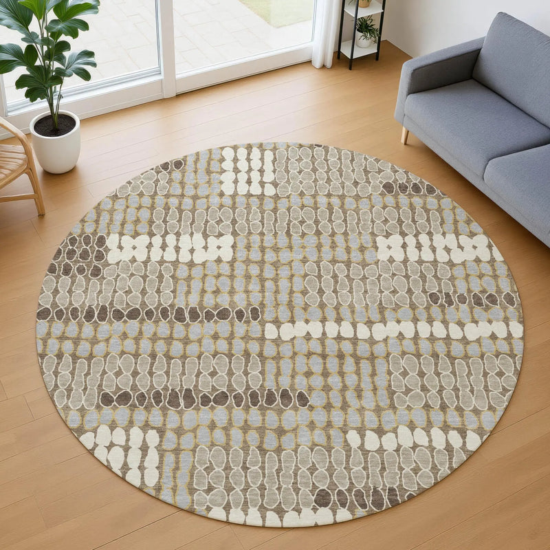 8' Brown And Beige Round Geometric Washable Indoor Outdoor Area Rug Homeroots Outdoor