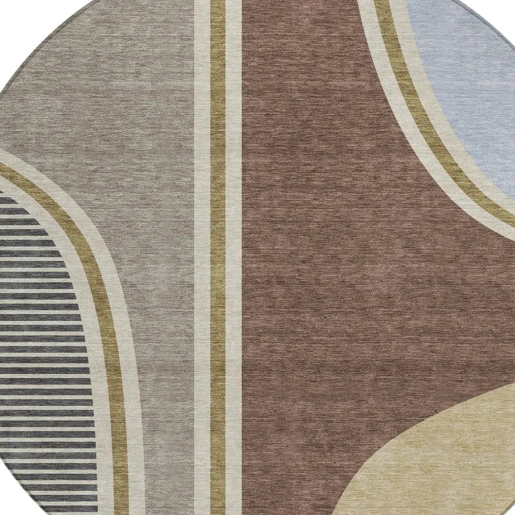 8' Brown And Beige Round Geometric Washable Indoor Outdoor Area Rug Homeroots Outdoor