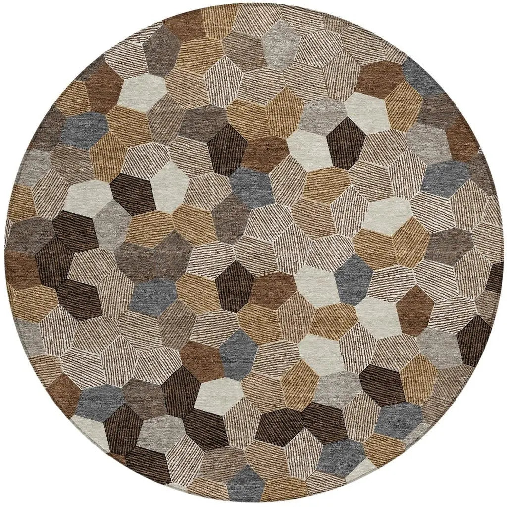 8' Brown And Beige Round Geometric Washable Indoor Outdoor Area Rug Homeroots Outdoor