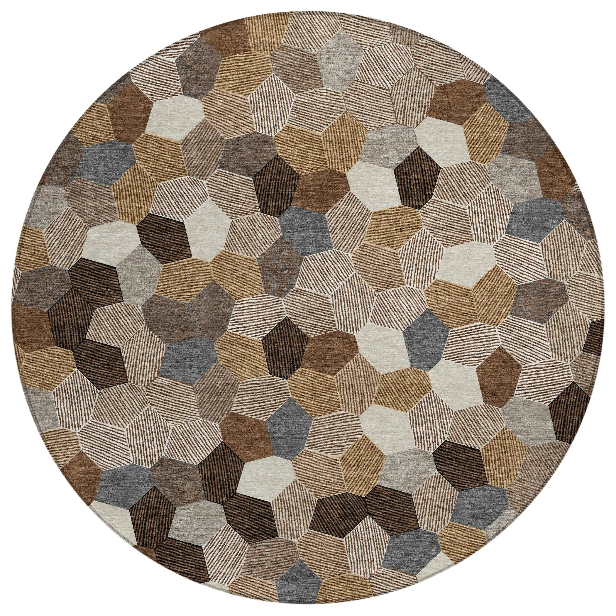 8' Brown And Beige Round Geometric Washable Indoor Outdoor Area Rug Homeroots Outdoor