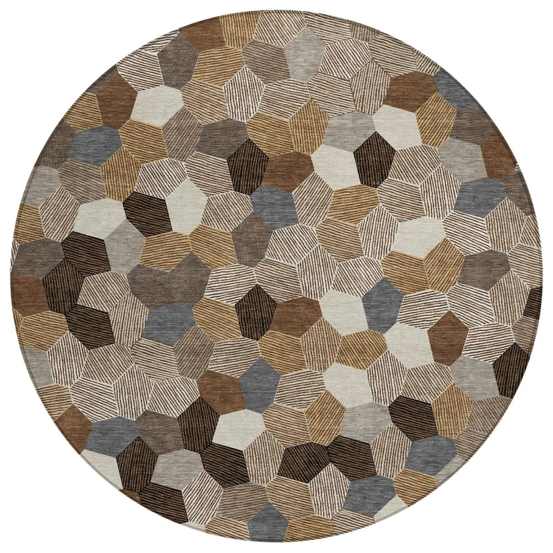 8' Brown And Beige Round Geometric Washable Indoor Outdoor Area Rug Homeroots Outdoor
