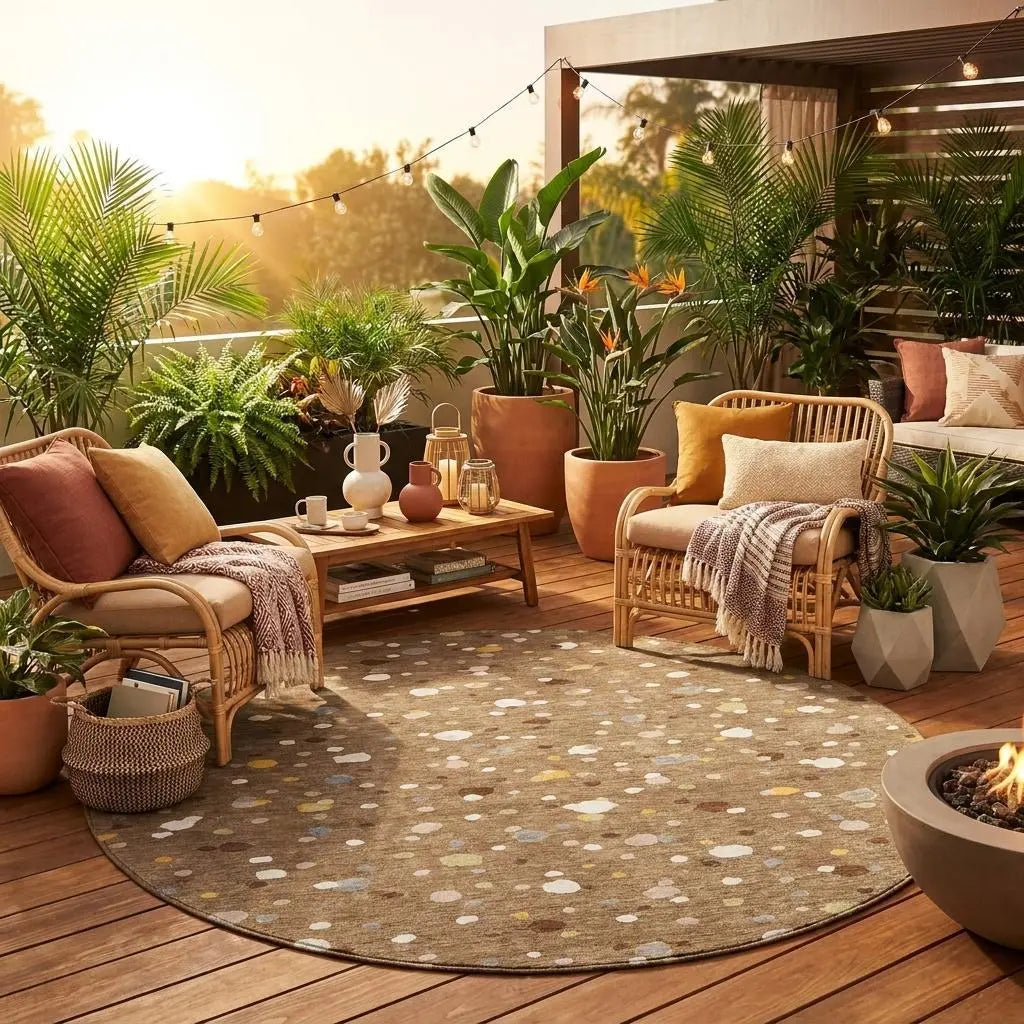 8' Brown And Beige Round Geometric Washable Indoor Outdoor Area Rug Homeroots Outdoor
