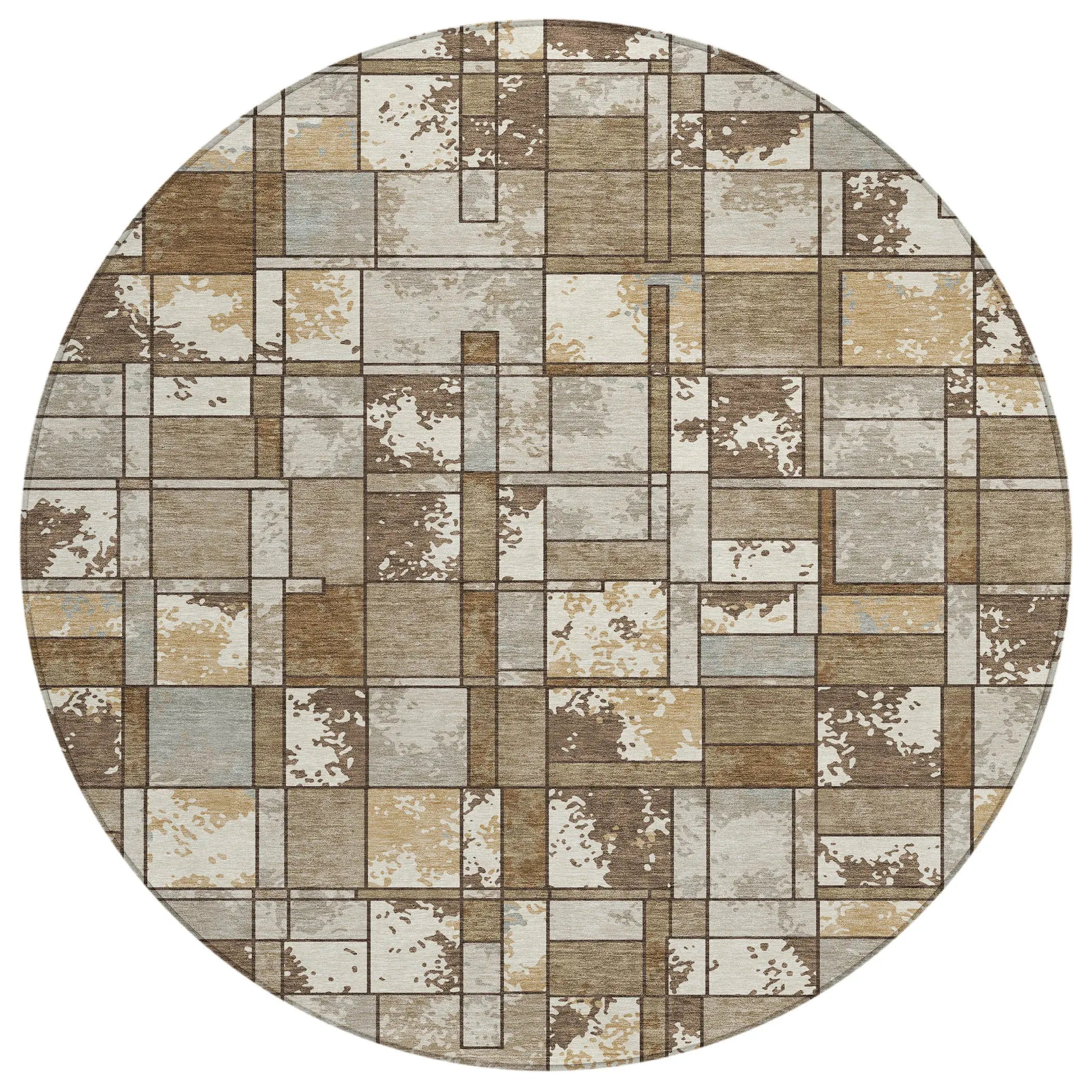 8' Brown And Beige Round Geometric Washable Indoor Outdoor Area Rug Homeroots Outdoor