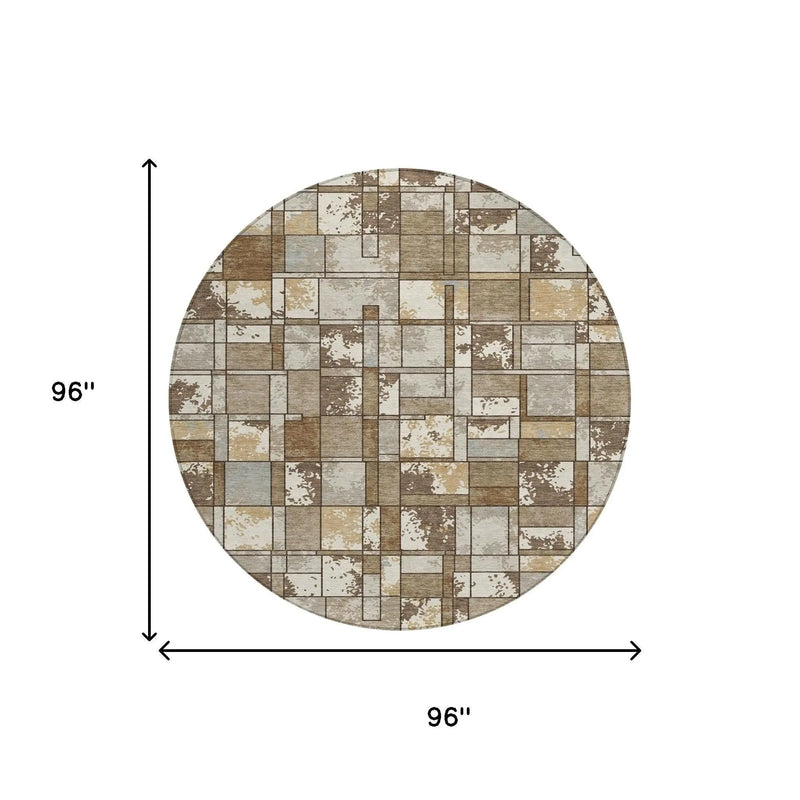 8' Brown And Beige Round Geometric Washable Indoor Outdoor Area Rug Homeroots Outdoor